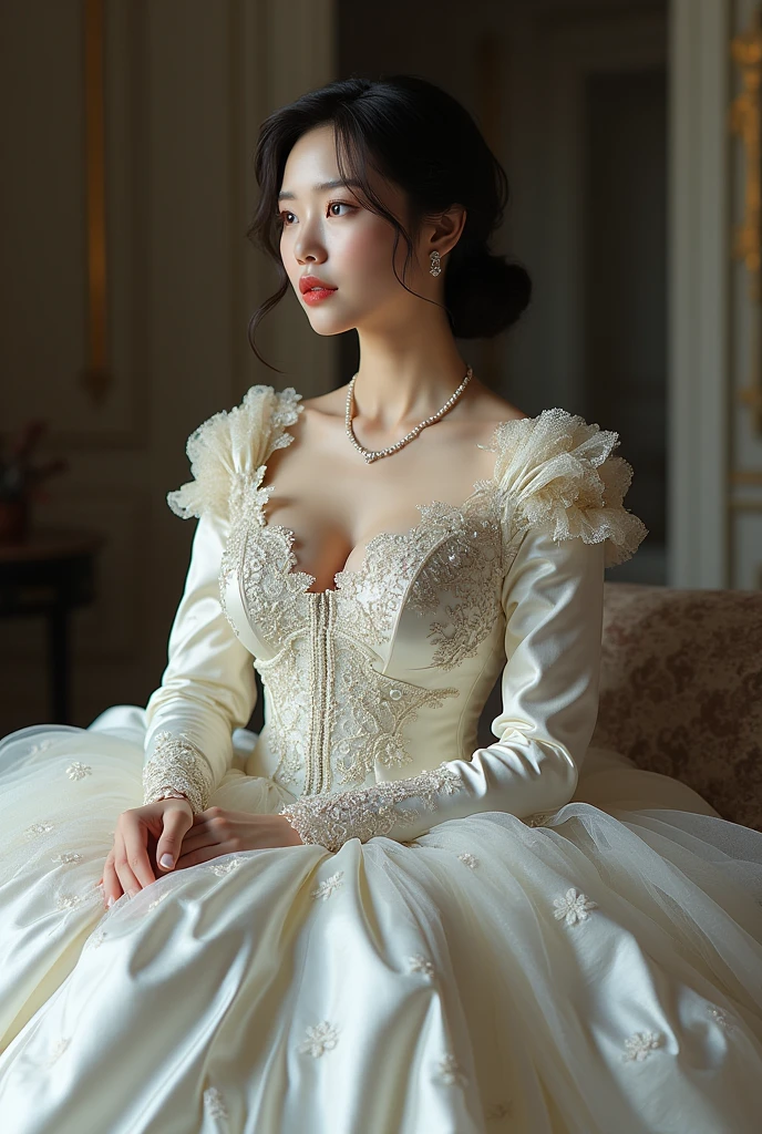 ok, generates a diamond white wedding dress with a fitted lace and beaded corset, which releases the organza fabric and the tulle that highlights the very pompous princess cut, with a three-meter train with embroidery on the floor and the back with a U-neckline with dropped sleeves that give it a delicate touch for a favorito