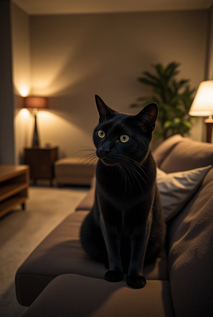 A modern living room with cozy, warm lighting. A sleek black cat sits on a plush couch, its piercing eyes fixed on an empty corner of the room. The corner has subtle shadows, hinting at something unseen. The room features soft textures, minimalistic furniture, and a faint glow that adds a slightly mysterious atmosphere. Intricate details, 8k resolution, cinematic scene, shallow depth of field, and dramatic contrast lighting.