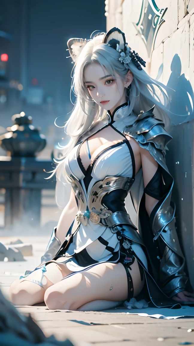 reality， Fantasy Consciousness ，Bi-painting ， Mythical White Tiger ， Stylish Chinese Woman， Long Silver Hair , Big breasts， Wearing Silver Armor （ White Tiger Stripe Design ）， Waist Skirt ， Textured Skin ，masterpiece,  high detail, , Handmade White Silver Long Gun ， White Smoke Spreading on the Ground ，masterpiece, precise, 