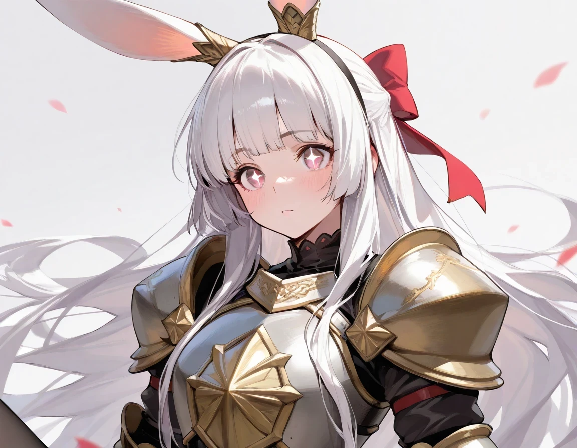 ((Best quality, 8k, Masterpiece: 1.3)), Sharp focus A beautiful woman with perfect body, Highly detailed face and skin texture, (Detailed eyes), rabbit ears, hime cut, white hair, hair bow, ribbon, pupils sparkling, tareme, (knight wearing steel armor), cowboy shot, sitting, solo