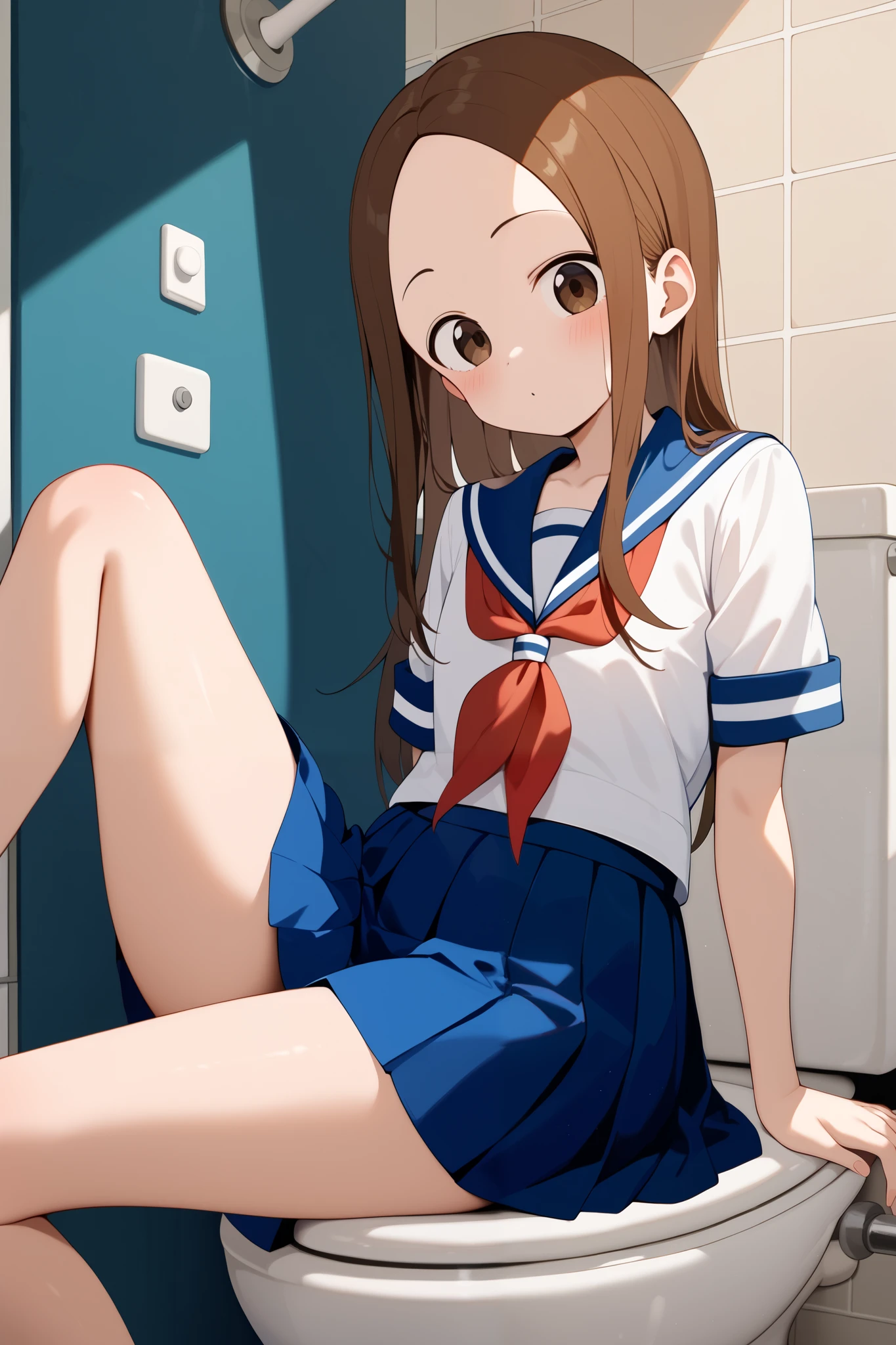 NSFW,masterpiece, top quality , high res, very detailed,Takagi\(からかい上手のTakagi\), long hair、Brown Hair、 split bangs,Forehead、clavicle、 sailor suit、 sailor color 、 Red Neckerchief 、 white shirt、Short sleeve、 pleated skirt、 Blue Skirt ,Bad face,School, Women's Restroom, sitting,Leg spread