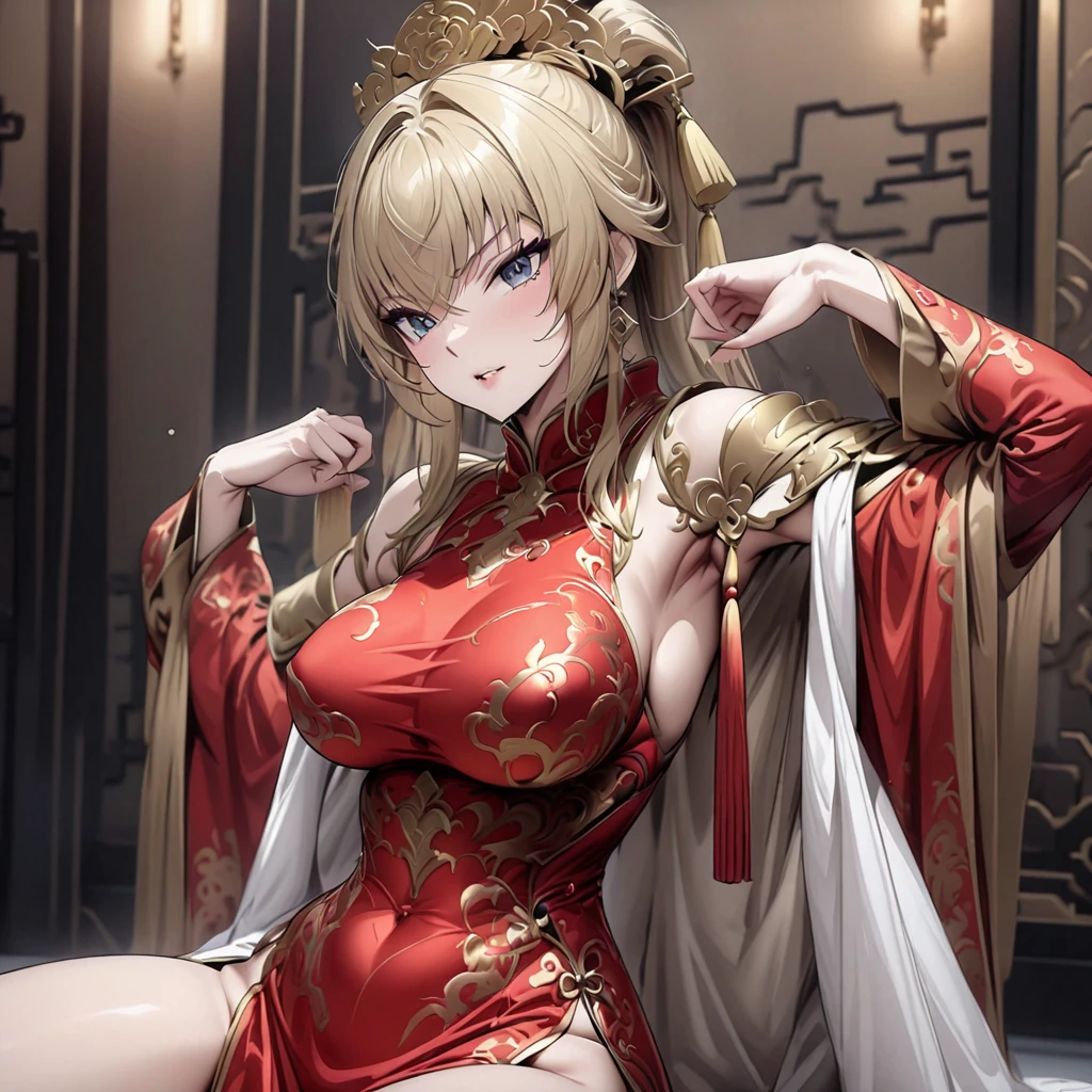 (( top quality )), ((masterpiece)), ( Details), （ perfect face）、The blond final emperor is wearing a gorgeous and sexy Chinese dress and poses in a charming sexy pose