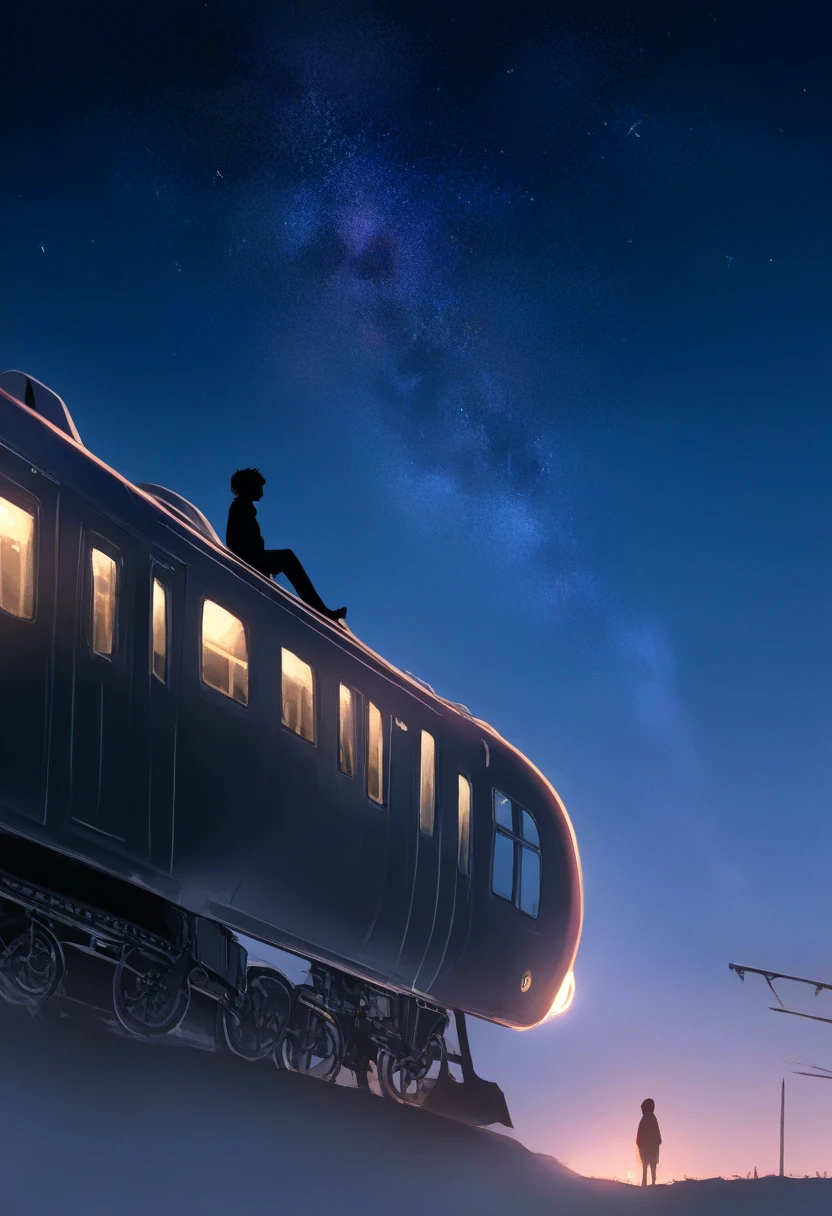  will surely be mean tomorrow too，regret，銀河鉄道のnight，The steam that runs through the sky， silhouette，Boy looking up，boy sitting，Boy staring at a flying train，masterpiece， Fantastic， Dynamicアングル，Aftertaste，Wabi-sabi，Alone,Zanelli ，night， Dynamic，