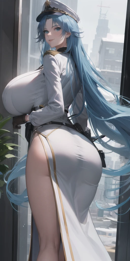 High resolution, Sharp focus, masterpiece, ((Intricate details)), Very detailed, One girl, Sovetskaya Belorussiya, smug, smile, officer room, (tall),  (stocky build:1.25), (gigantic huge breasts), (thick thigh), narrow waist, zzBelorussiya, blue hair, long hair, blue eyes, very long hair, bangs, parted bangs, hat, white headwear, white coat, white long skirt, peaked cap, black gloves, fur-trimmed coat, long sleeves, (from behind:1.2)