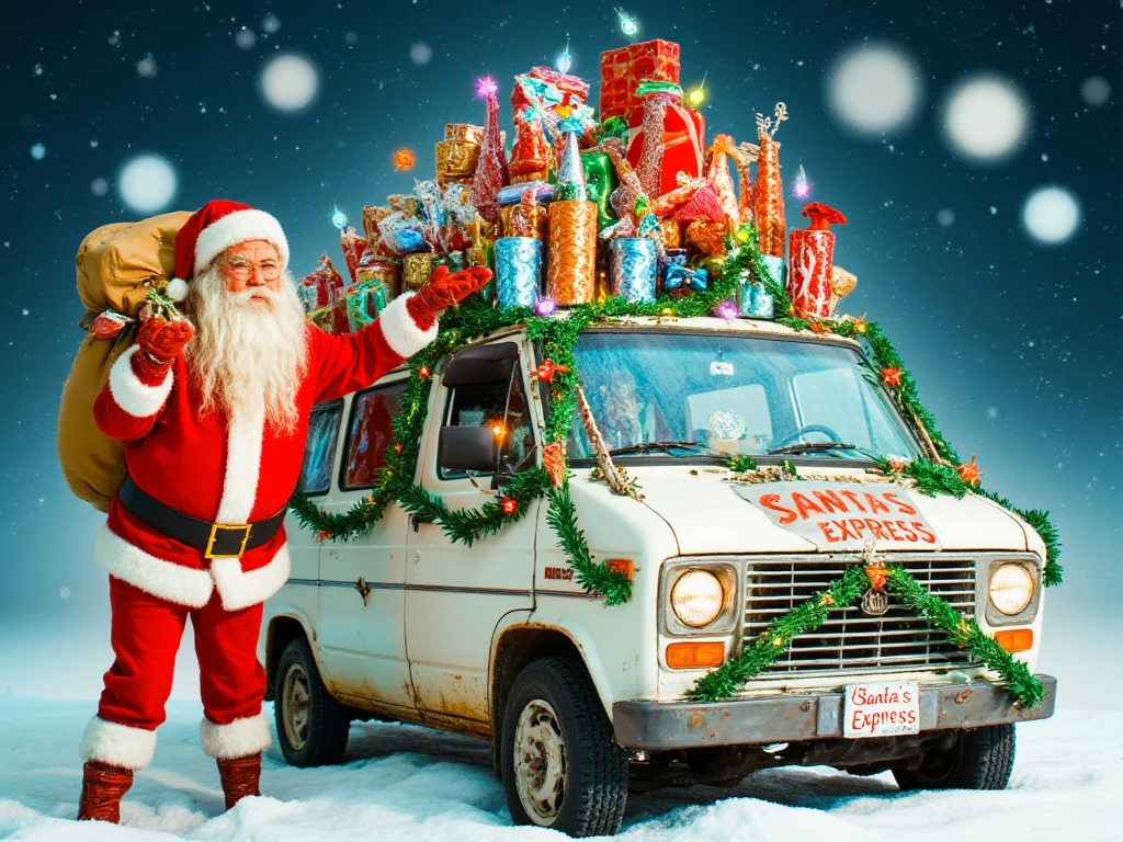 A humorous and quirky illustration of a white van hilariously decorated for Christmas, covered in colorful blinking fairy lights and oversized tinsel. An old-fashioned Santa Claus with a wrinkled face and a slightly disheveled beard stands proudly beside it, holding a large, overflowing sack of oddly shaped gifts. The background features a soft-focus effect with glowing bokeh lights and gently falling snow, adding a festive yet whimsical touch. The van’s headlights are wrapped in garlands, and a small "Santa's Express" sign is humorously taped to the windshield.