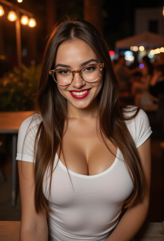 Extremely Photorealistic, HDR. Full body shot of a white woman who is 30 years old. Looks sweet and friendly. Cute, pretty, beautiful, "girl next door." She is short, 5'2" in height. Long straight Dark brown hair. Large round brown eyes, downturned, slightly wideset. Bushy high arching eyebrows. Hourglass figure, large hips, huge breasts that are disproportionate to her body. Facial features are soft, feminine, delicate. Many brown freckles. Skin has a tan complexion. Heart-shaped face. Wearing a skin tight white T-shirt, cleavage showing. Heavy eyeliner, red lipstick. Wears large round thick framed tortoise shell glasses. Big smile, joyful. sitting at table at outdoor restaurant at night, posing seductively.