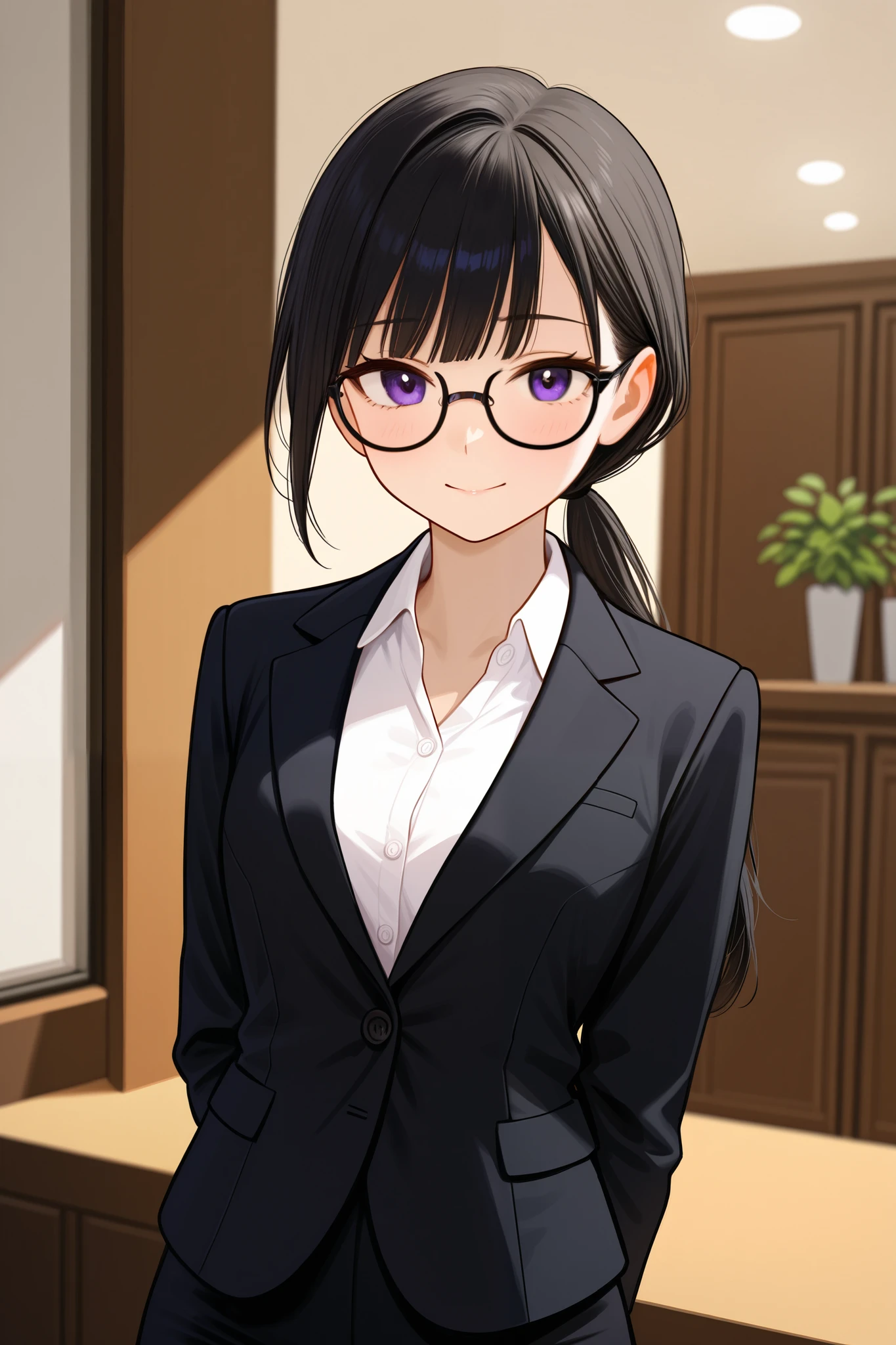 A young woman with glossy black hair styled in a loose, low ponytail. She has a gentle and approachable expression, wearing black-rimmed glasses. Her outfit consists of a sleek blazer and a neatly buttoned blouse, exuding a professional secretary look. The setting is a modern and elegant CEO's office, with large windows, minimalistic furniture, and soft natural lighting. The overall color palette is warm and sophisticated, highlighting her professionalism and approachable nature