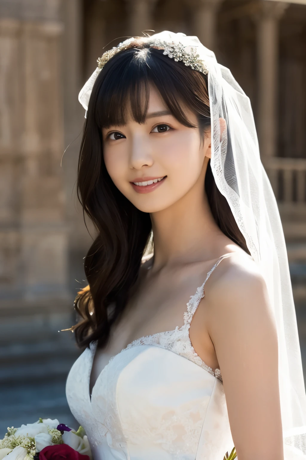  1 girl, ( wear a wedding dress:1.2), (Veil),  very beautiful portrait of a Japanese idol, 
( RAW photo,  top quality ), ( realistic ,  realistic :1.4), (masterpiece), 
 so delicate and beautiful,  very detailed, 2k wallpaper,  wonderful, finely,  very detailed CG Unity 8K wallpaper,  very detailed,  high res, Soft light, 
 Girl with Beautiful Details Showing Her Side Chest ,  very detailed目と顔,  Beautiful and Refined Nose,  beautiful beautiful eyes under the sun,  movie lighting, 
(cathedral:1.3), (Large Temple Stained Glass :1.3), 
Perfect Anatomy ,  slender body,  small breasts, (A shy smile:0.8)