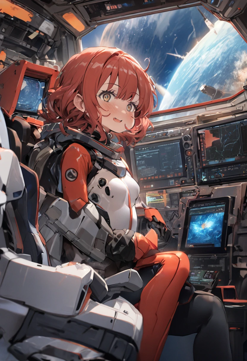 Strange resolution ,  high res, (masterpiece: 1.4),  super detailed , One young woman, Short Red Hair,  pilot suit, Rich Princess,  I'm sitting in a very narrow, closed mechanical control room and looking out the window,  From the Window to Space、I can see the blue planet  (1.5), The expression is excited , The mecha control room is in space 、image