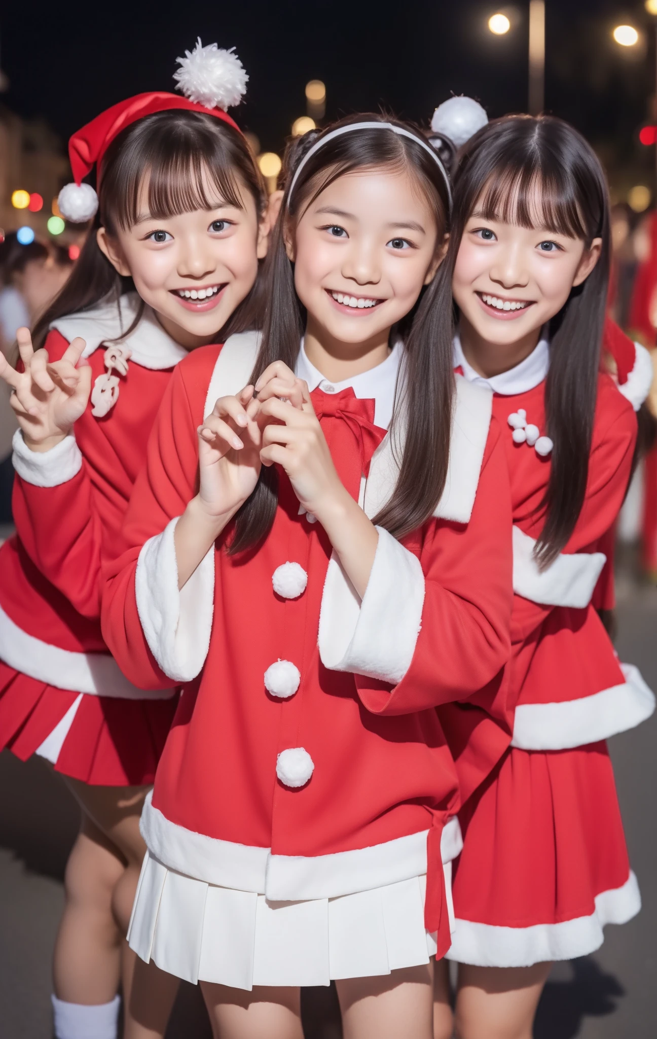 8k, highest quality, masterpiece,Japanese ****** girl, , two girls、１２age、 fun pose 、 medium hair, street, Santa Claus clothes、 miniskirt、 mini skirt Santa 、Smiling face、 I have a Christmas gift box、、Christmas night background 、A city with bustling Christmas decorations、