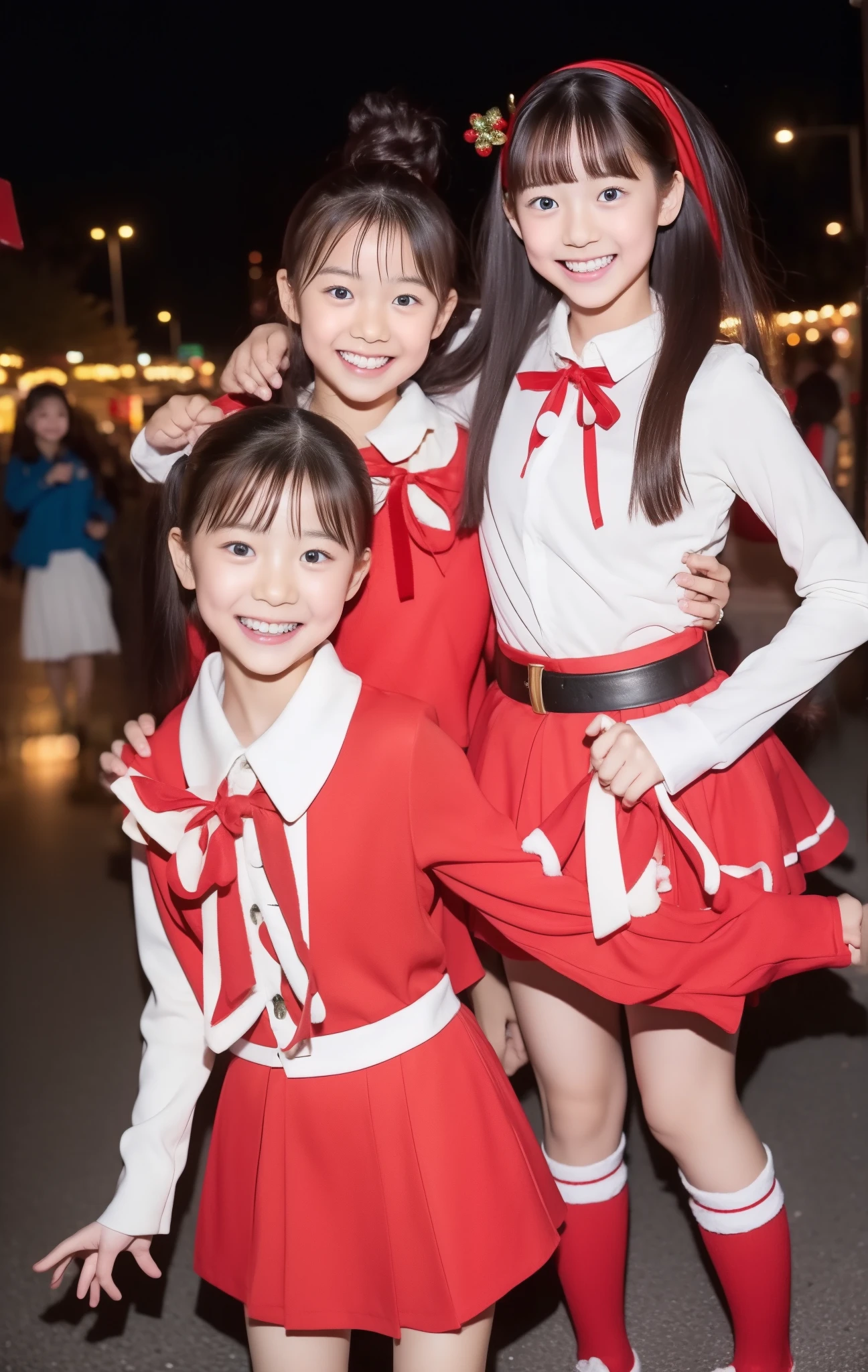 8k, highest quality, masterpiece,Japanese ****** girl, , two girls、１２age、 fun pose 、 medium hair, street, Santa Claus clothes、 miniskirt、 mini skirt Santa 、Smiling face、 I have a Christmas gift box、、Christmas night background 、A city with bustling Christmas decorations、