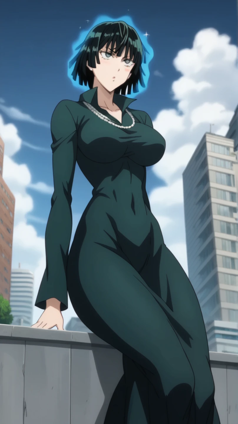 Prompt: (huge gigantic super mega hyper:1.3),(biggest round giant massive :1.3), (only one women) front view, dress,magic aura,city,sexy poses, source_anime,masterpiece,best quality,highres,absurdres,official art,official style,source_anime,anime screencap,anime coloring,megami magazine,anime,animated,explicit, shiny skin,large breasts,  black hair , fubuki ,one punch man,blush, side, on side,   fubuki,