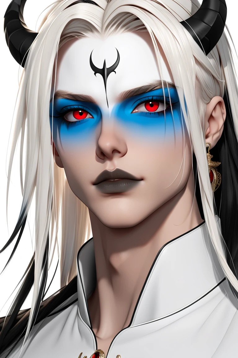 Mach mir eine Nahaufnahme eines niceen manes dessen Gesicht halb Mensch und halb Ungeheuer ist.  man, nice, 2 tone eyes, 1 red eye, 1 blue eye, awesome, IMVU, secondlife,  anatomically correct ,  very detailed,  masterpiece, 4K,  demon, white and black hair