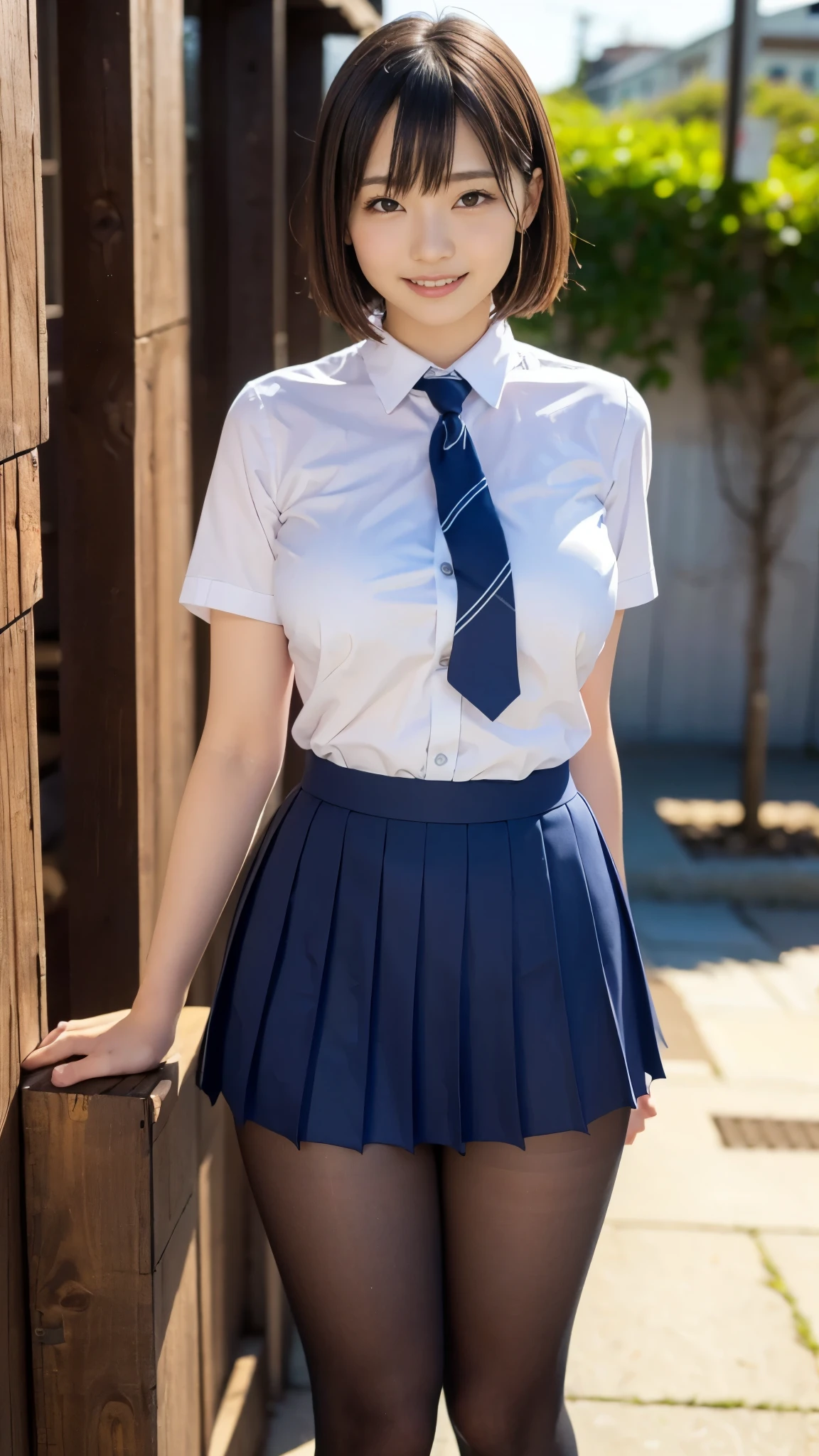  top quality ,masterpiece, super high res, high-definition RAW color photo staring at your feet, professional photos , natural skin texture, fine skin, hyperrealism , smiles, cute smile, shortcut hair,gigantic breasts,( high school girl uniform with the upper half tied ,Black pantyhose), upper body lift with an emphasis on facial expression