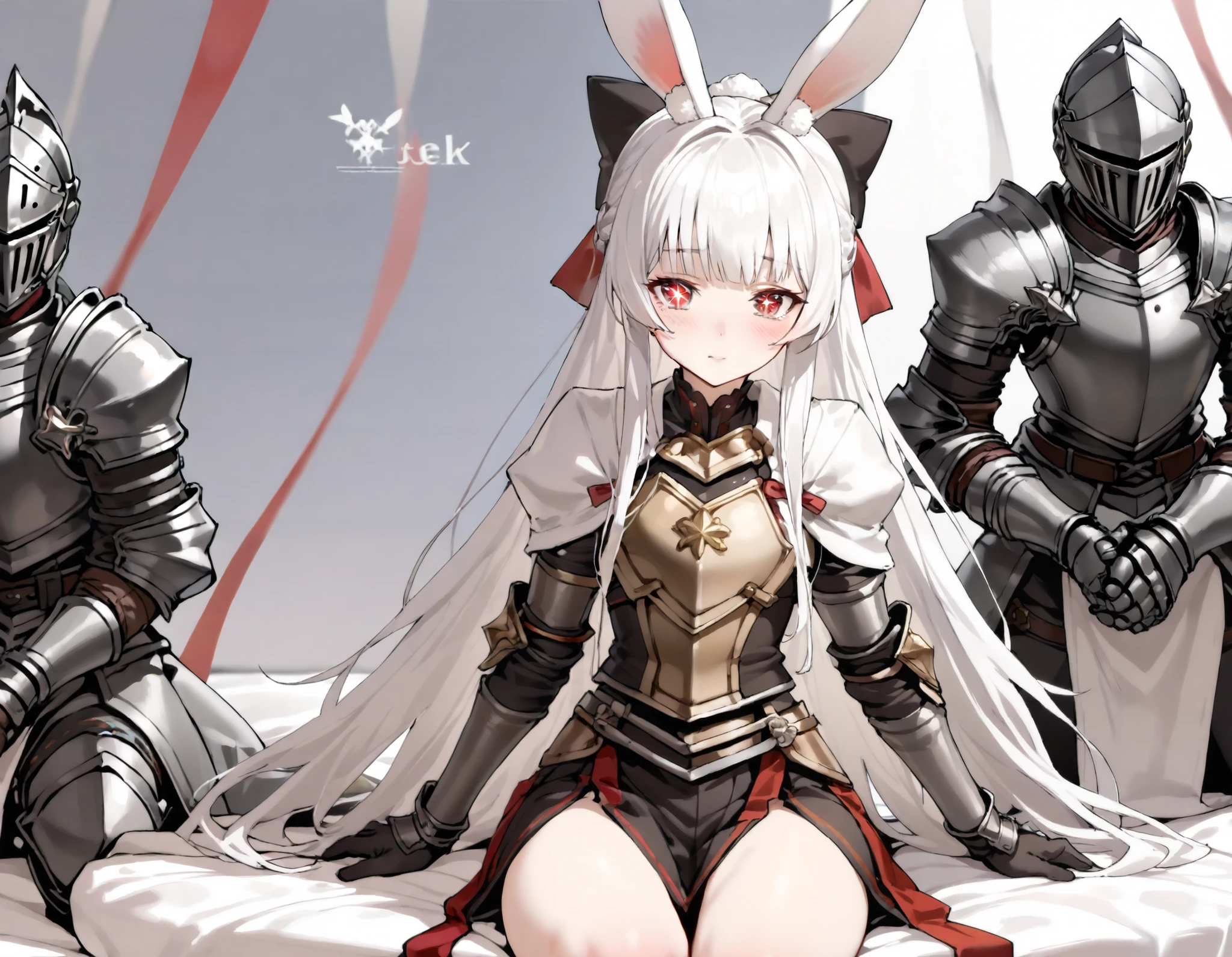 ((Best quality, 8k, Masterpiece: 1.3)), Sharp focus A beautiful woman with perfect body, Highly detailed face and skin texture, (Detailed eyes), rabbit ears, hime cut, white hair, hair bow, ribbon, pupils sparkling, tareme, (knight wearing steel armor), cowboy shot, sitting, solo