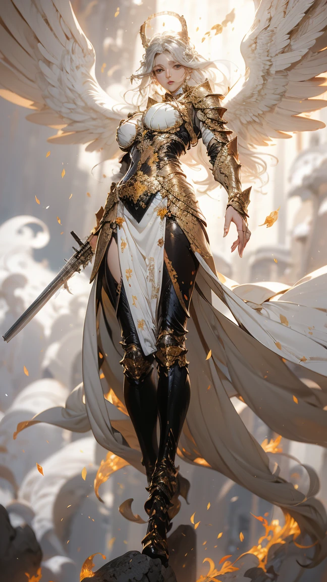 reality， Fantasy Consciousness ，Bi-painting ， Mythical White Tiger ， Stylish Chinese Woman， Long Silver Hair , Big breasts， Wearing Silver Armor （ White Tiger Stripe Design ）， Waist Skirt ， Textured Skin ，masterpiece,  high detail, , Handmade White Silver Long Gun ， White Smoke Spreading on the Ground ，masterpiece, precise, 