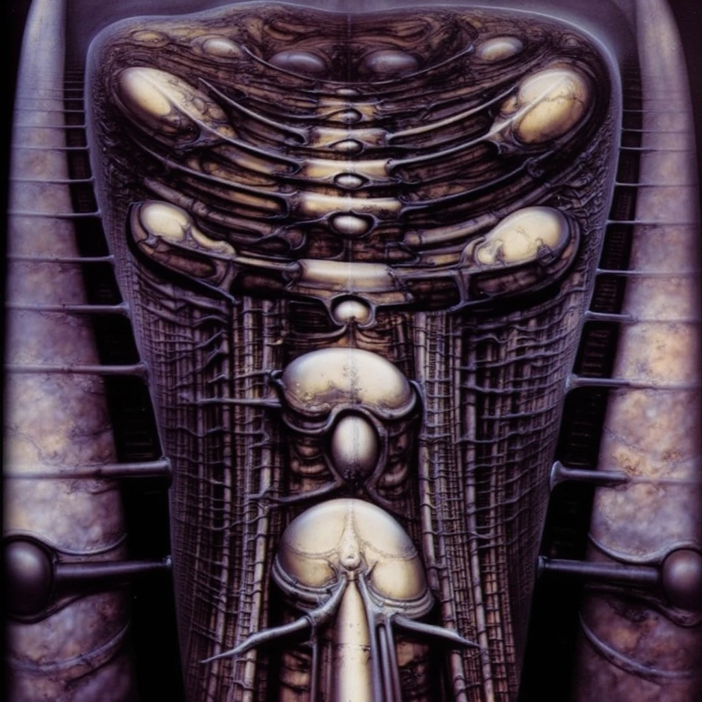 Bio mechanical cyberpunk hr giger Xenomorph queen hybrid girl, gruesome horror core