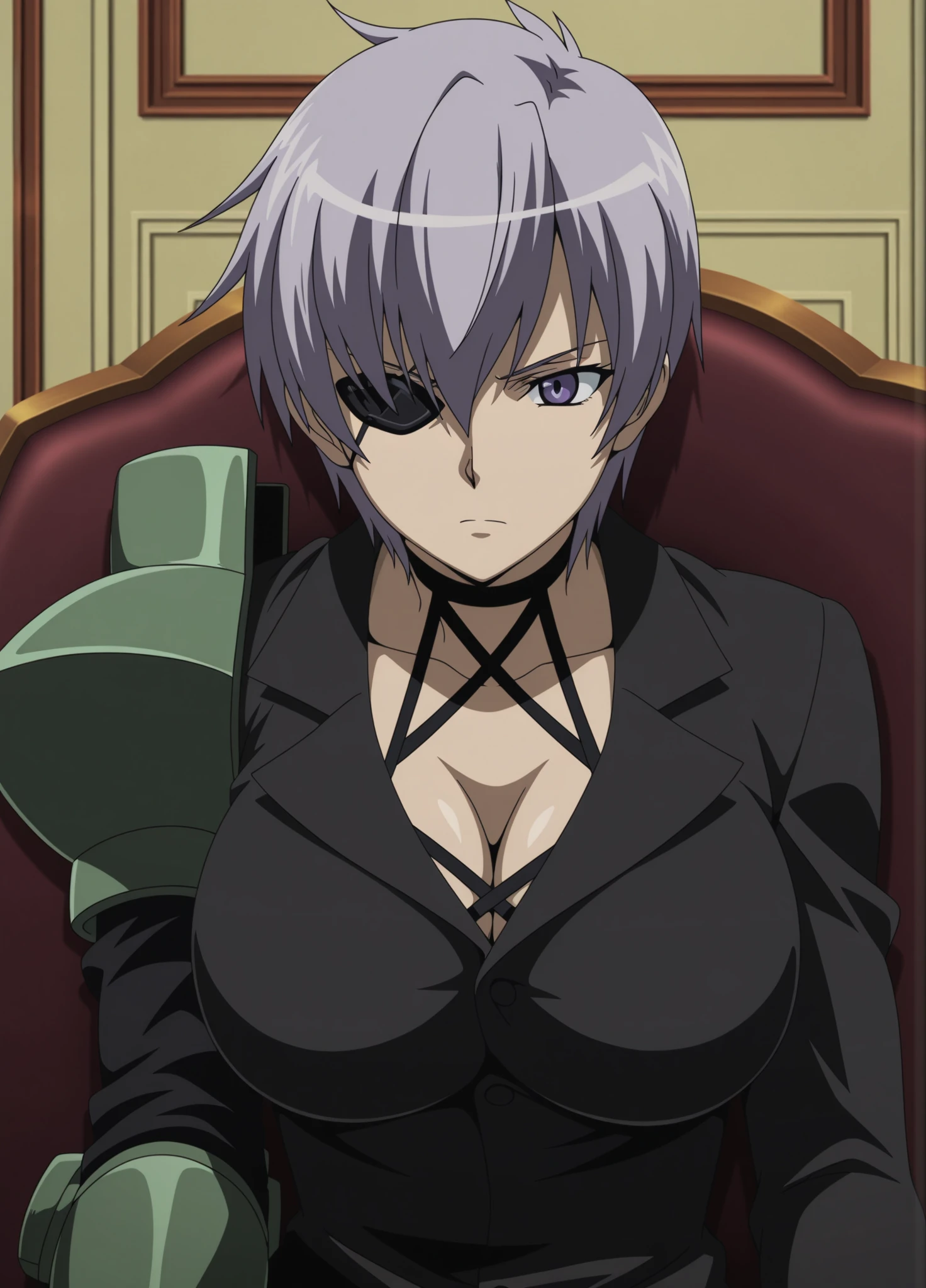 1 girl,Alone,i&#39;m going,eye patch , short hair,rests, purple eyes, big breasts, anime coloring,
