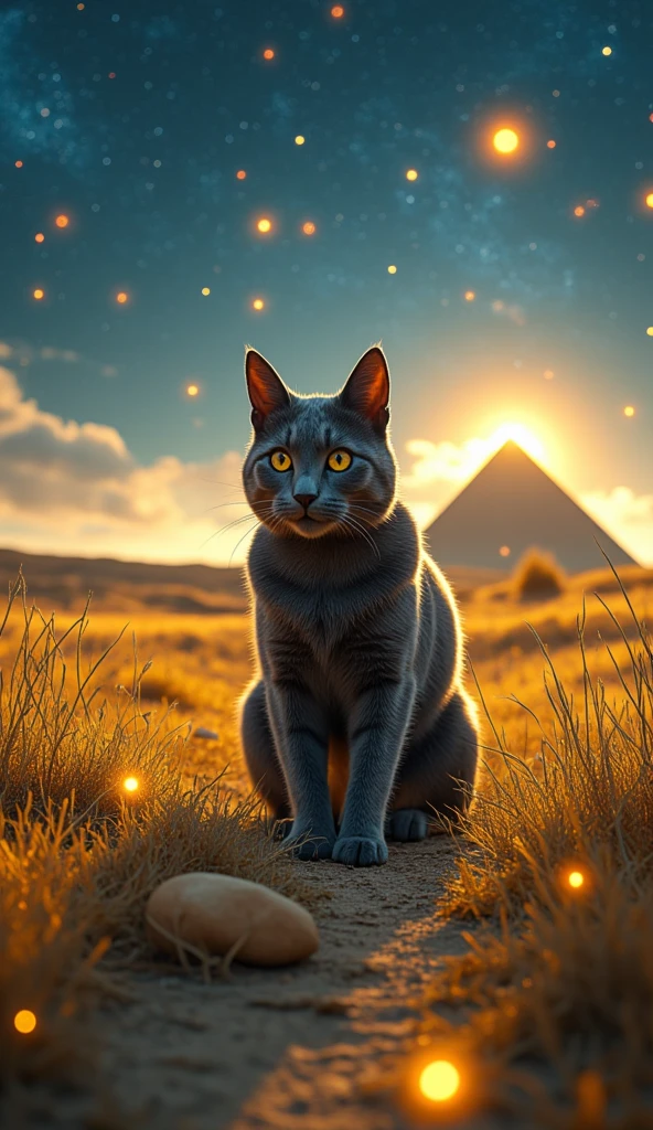 A dreamlike vision of the Egyptian afterlife, with golden fields stretching endlessly under a starlit sky. A majestic black cat walks gracefully, surrounded by glowing spirits and celestial orbs. A distant pyramid glows faintly, adding an ethereal touch to the scene. The atmosphere is otherworldly, with soft blue and gold lighting enhancing the mystical effect. Intricate details, 8k resolution, cinematic scene, shallow depth of field, and surreal lighting effects.