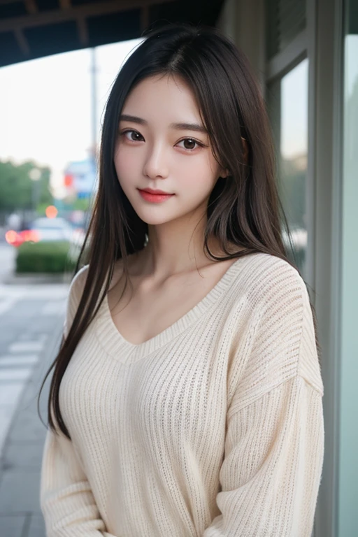 1 Girl,balcony,Soft Light,Chinese Beauty,sweater ,Dark-haired,long hair,