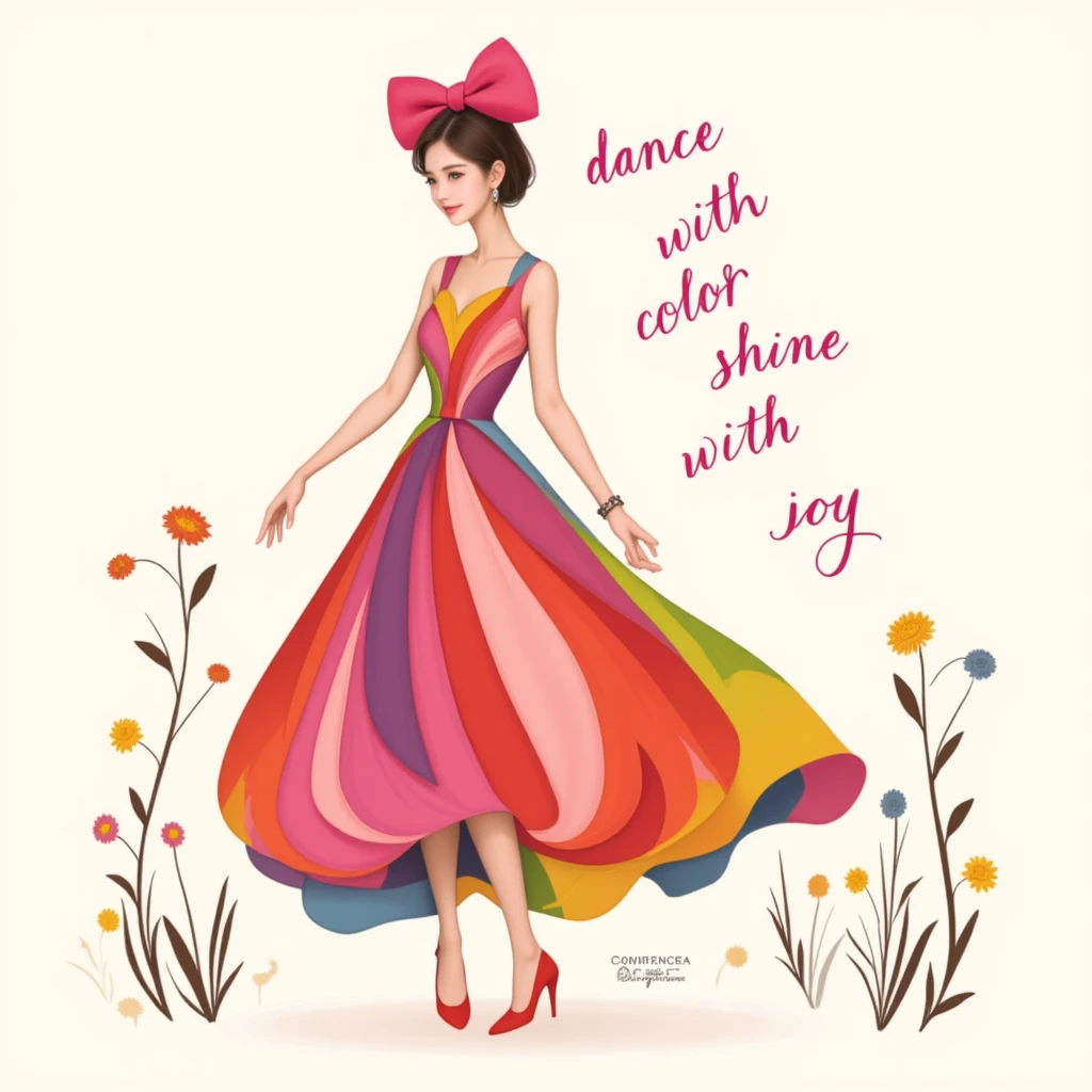 a whimsical fashion illustration of a woman wearing a vibrant, multicolored dress made from flowing, petal-like strips in shades of pink, red, yellow, green, blue, and purple. The dress has a unique and playful design, with the strips resembling flower petals, creating a sense of movement and joy. The woman stands gracefully, her arms gently extended, with a large, bold pink bow on her head adding a touch of charm and femininity. She wears a simple smile, exuding elegance and cheerfulness. Surrounding her are delicate, tall flowers with simple stems and colorful blooms, enhancing the lively and joyful atmosphere. Above her, the text reads 'dance with color, shine with joy' in a mix of elegant fonts and contrasting colors, further emphasizing the theme of happiness and celebration