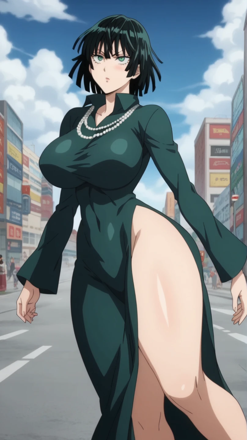 Prompt: (huge gigantic super mega hyper:1.3),(biggest round giant massive :1.3), (only one women) front view, dress,magic aura, fighting monsters,city,sexy poses, source_anime,masterpiece,best quality,highres,absurdres,official art,official style,source_anime,anime screencap,anime coloring,megami magazine,anime,animated,explicit, shiny skin,large breasts,  black hair , fubuki ,one punch man,blush, side, on side,   fubuki,