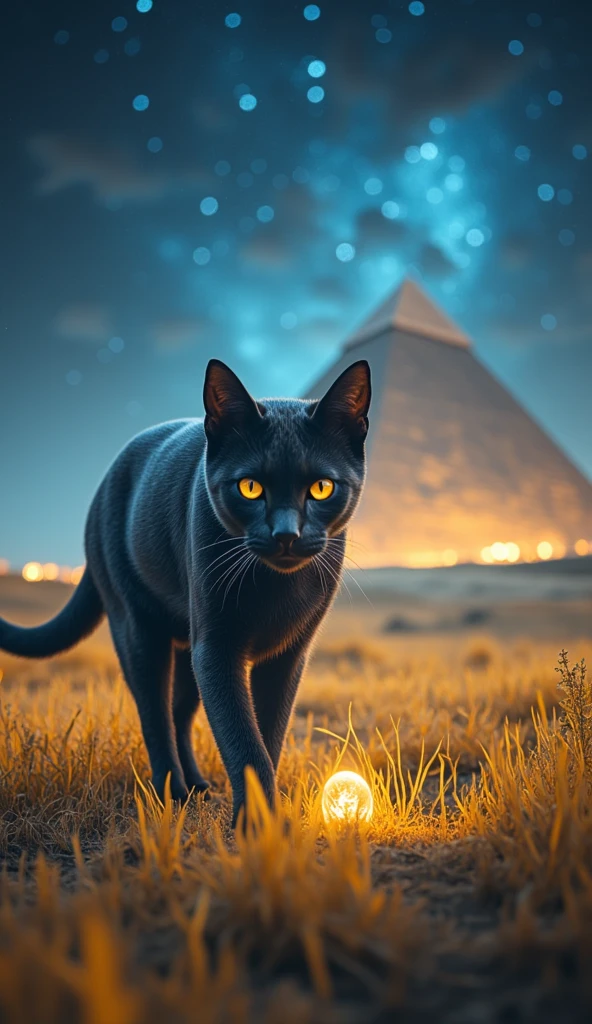 A dreamlike vision of the Egyptian afterlife, with golden fields stretching endlessly under a starlit sky. A majestic black cat walks gracefully, surrounded by glowing spirits and celestial orbs. A distant pyramid glows faintly, adding an ethereal touch to the scene. The atmosphere is otherworldly, with soft blue and gold lighting enhancing the mystical effect. Intricate details, 8k resolution, cinematic scene, shallow depth of field, and surreal lighting effects.