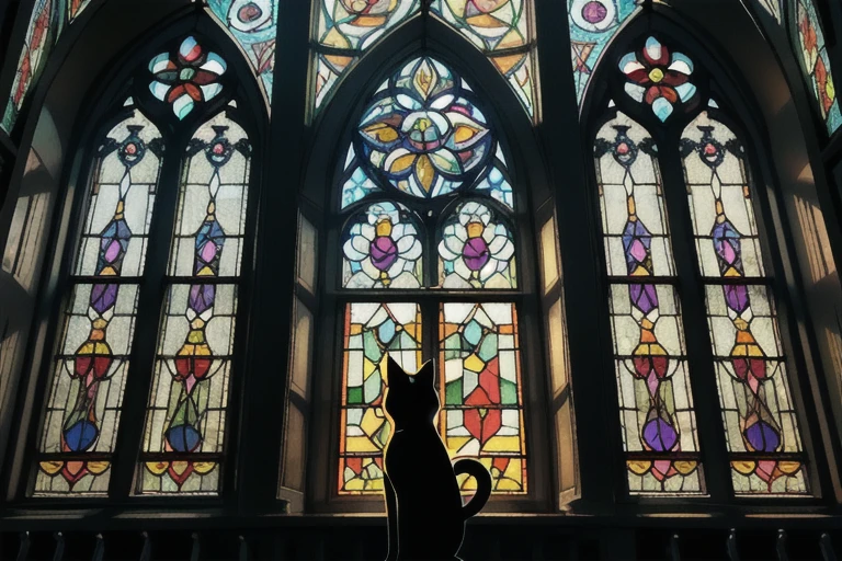 araffe silhouette of a cat in front of a  stained glass  window, on a  stained glass  window, maxim verehin  stained glass , backlit  stained glass ,  Cat Silhouettes ,  stained glass  art,  stained glass ,  stained glass , “Dirty” ,  Cat Dark Gods ,  stained glass !!,  mysterious cathedral window , gothic  stained glass  style,  stained glass  window, Looking out the window