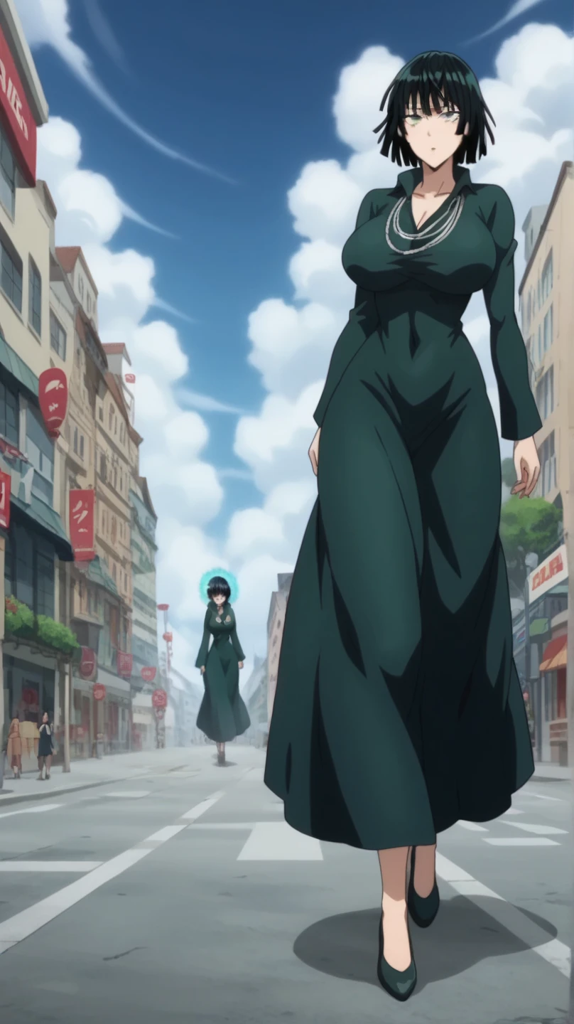 Prompt: (huge gigantic super mega hyper:1.3),(biggest round giant massive :1.3), (only one women) front view, dress,magic aura,city,sexy poses, source_anime,masterpiece,best quality,highres,absurdres,official art,official style,source_anime,anime screencap,anime coloring,megami magazine,anime,animated,explicit, shiny skin,large breasts,  black hair , fubuki ,one punch man,blush, side, on side,   fubuki,