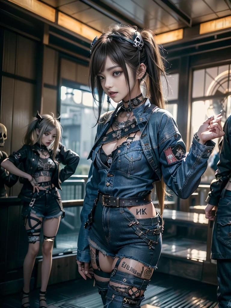 (Full Body View:1.3)、(Back view:1.4)、(Hostess:1.3)、(Smiling with teeth showing:1.3),(Shibuya Gal:1.5)、(y2k woman:1.4)、(Lolita Fashion:1.5)、(Punk RockVisual Kei:1.4)、(A modern short jacket in dark grey and moss green.:1.5)、(Tattered brown and charcoal denim low rise cargo pants:1.5)、(Mustard Yellow Headband:1.3)、(Charcoal and khaki striped knee socks:1.4)、collar、(Brown platform long boots)、(Clothing with logo pattern:1.4)、20-year-old、(Doing an aerobics pose:1.3)、NSFW,((Highest quality、In 8K、masterpiece:1.3))、Sharp focus:1.2、(Layered Cut、Huge boobs:1.1),Beautiful woman with perfect figure:1.4、(Dancing vigorously:1.3)、(Open legs:1.3)、(Raise your arms:1.2)、(Open your crotch:1.3)、Slender Abs:1.2、Butt、Highly detailed face and skin texture、Detailed eyes、double eyelid,(Twin tails:1.3)、(Cream colored hair:1.3)、Dynamic Pose、Obscene pose、Humiliating pose、Gravure idol、(Luxurious amusement park at night:1.3)、(Make your legs thinner:1.4)、(Slim body:1.3)、(clavicle:1.1)