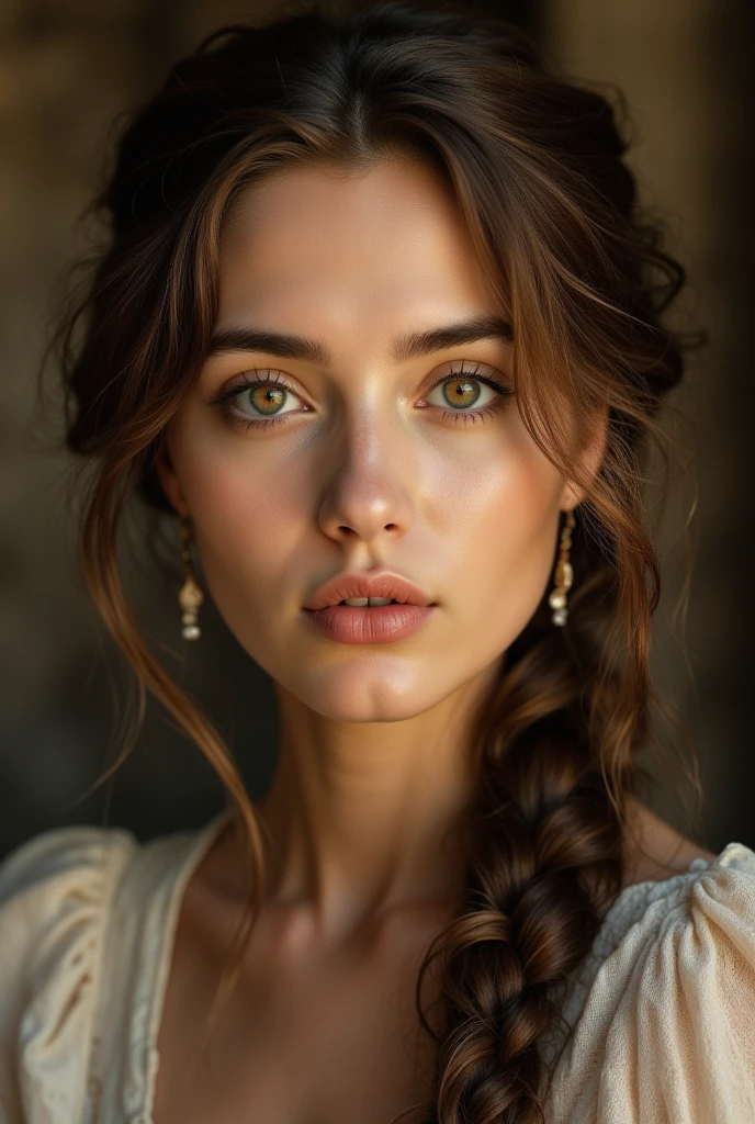 realism, (masterpiece), (best quality), (ultra-detailed), macro photo, illustration, disheveled hair, detailed eyes, perfect composition, moist skin, intricate details, earrings, by wlop, Macro Photography, close-up, macro 100mm, macro photography, 
(photorealistic:1.4) (sharp focus:1), portrait of a (beautiful blonde woman:1.3), hazel eyes, (long braided hair:1.3) (perfect body:1.5), 18 years old, detailed skin texture, detailed material texture, (highly detailed hair style), (perfect face, perfect eyes:1.3), (inside fantasy castle environment:1.5), cinematic lighting, (depth of field:1.4), (film grain:1.2), elegant pose, medium shot. 