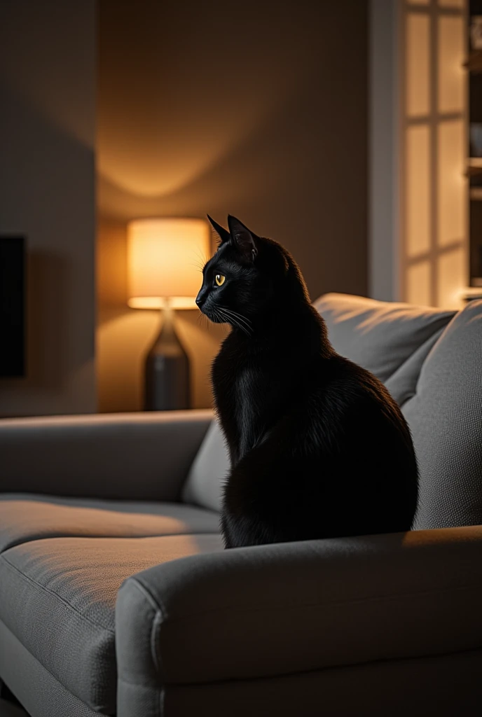 A modern living room with cozy, warm lighting. A sleek black cat sits on a plush couch, (its piercing eyes fixed on an empty corner of the room). The corner has subtle shadows, hinting at something unseen. The room features soft textures, minimalistic furniture, and a faint glow that adds a slightly mysterious atmosphere. Intricate details, 8k resolution, cinematic scene, shallow depth of field, and dramatic contrast lighting.