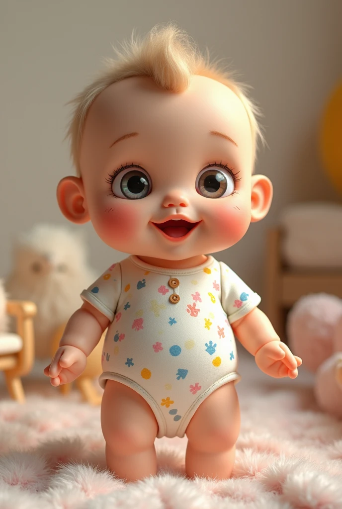 RAISING A 6 MONTH OLD BABY IN DISNEY PIXAR WITH LITTLE BLUE HAIR BIG BLACK EYES WITH A PACIFIER IN HIS MOUTH IN A PINK FLORAL OVERALL WITH GOLDEN BUTTONS SITTING 