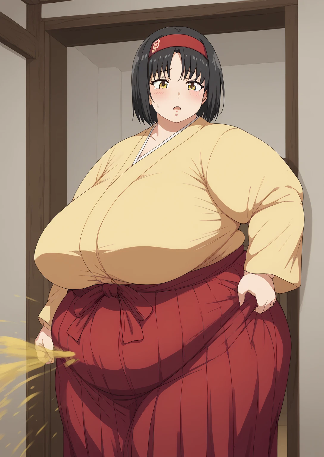 Erika, Erica,    yellow eyes  ,  Black Hair,  red headband,   Shorthair,  yellow kimono,  boobs are not exposed,   Long Sleeve  ,  red hakama, score_9,   score_8_ up,   score_7_ up,   score_6_ up,   score_5_ up,   score_4_ up,     masterpiece   ,   top quality,     very aesthetic  ,    absurd,    Source_Anime, Anime screencap,    one woman , Alone,   personal   ,  Super huge breasts, (((S uper huge クレビス, Super huge , Super huge boob))), Curvy,   in her 20s,  Mature Woman,   obese , ,  troubled expression, ssbbw,  embarrassing expression , Japanese-style room, Hunger, sighing ,fart, Woman farting , show off your anal