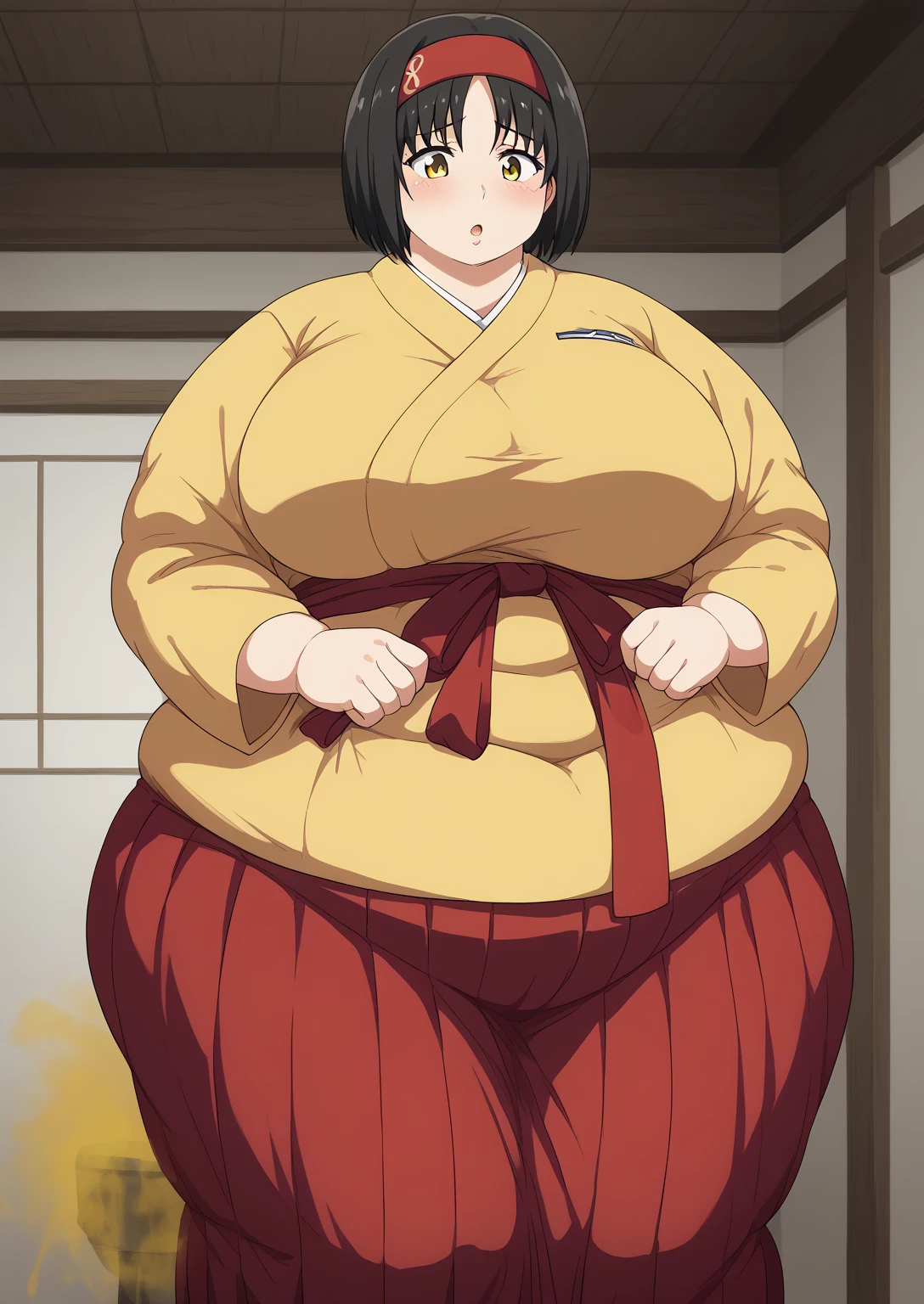 Erika, Erica,    yellow eyes  ,  Black Hair,  red headband,   Shorthair,  yellow kimono,  boobs are not exposed,   Long Sleeve  ,  red hakama, score_9,   score_8_ up,   score_7_ up,   score_6_ up,   score_5_ up,   score_4_ up,     masterpiece   ,   top quality,     very aesthetic  ,    absurd,    Source_Anime, Anime screencap,    one woman , Alone,   personal   ,  Super huge breasts, (((S uper huge クレビス, Super huge , Super huge boob))), Curvy,   in her 20s,  Mature Woman,   obese , ,  troubled expression, ssbbw,  embarrassing expression , Japanese-style room, Hunger, sighing ,fart, Woman farting , show off your anal