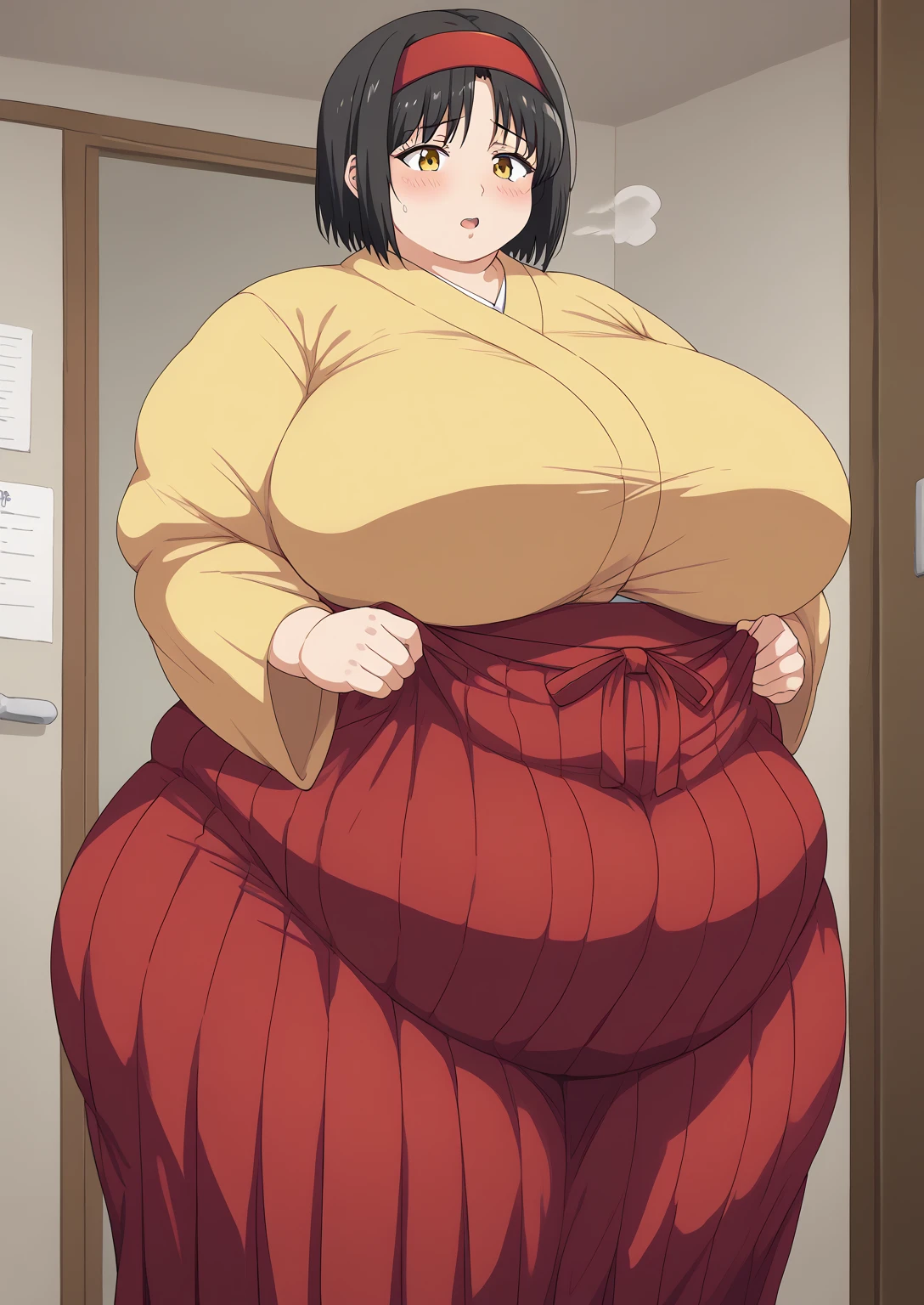 Erika, Erica,    yellow eyes  ,  Black Hair,  red headband,   Shorthair,  yellow kimono,  boobs are not exposed,   Long Sleeve  ,  red hakama, score_9,   score_8_ up,   score_7_ up,   score_6_ up,   score_5_ up,   score_4_ up,     masterpiece   ,   top quality,     very aesthetic  ,    absurd,    Source_Anime, Anime screencap,    one woman , Alone,   personal   ,  Super huge breasts, (((S uper huge クレビス, Super huge , Super huge boob))), Curvy,   in her 20s,  Mature Woman,   obese , ,  troubled expression, ssbbw,  embarrassing expression , Japanese-style room, Hunger, sighing ,fart, Woman farting , show off your anal