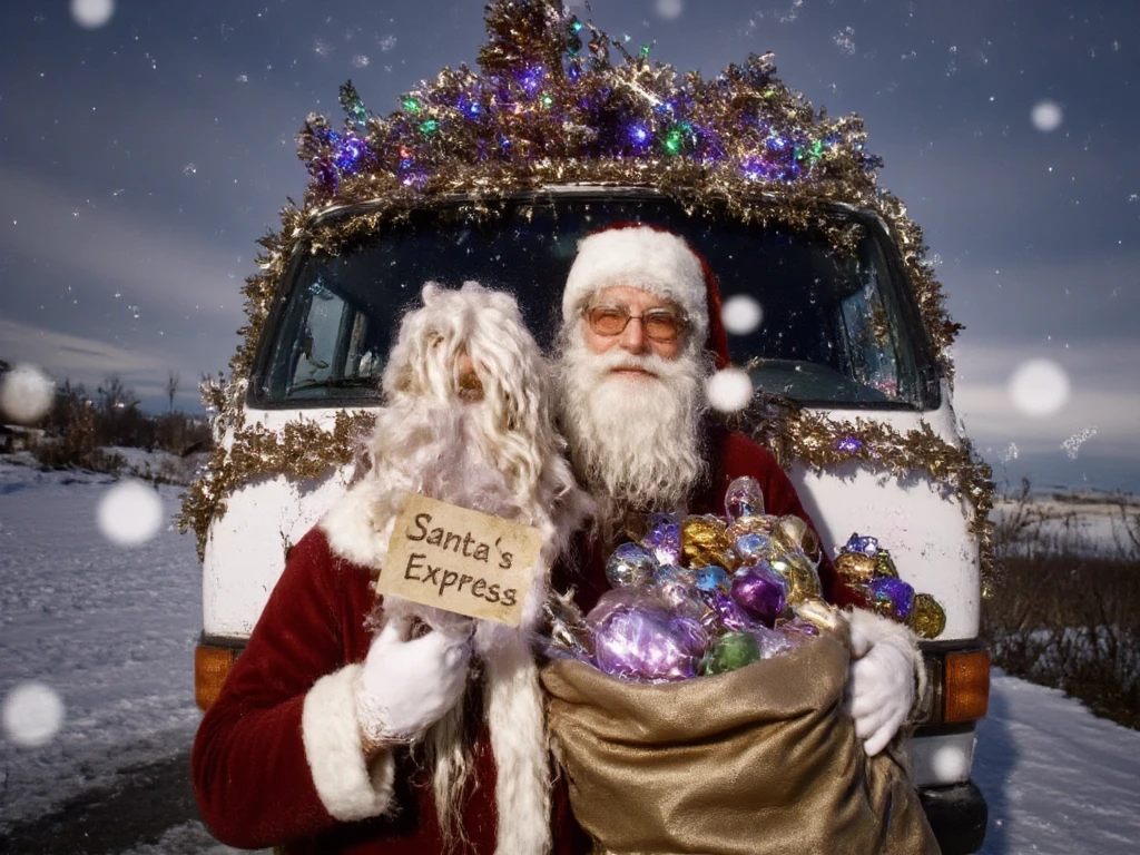 A first-person perspective of standing in front of a hilariously decorated white van for Christmas, its colorful blinking fairy lights and oversized tinsel almost blinding. From this angle, you see Santa Claus, an old-fashioned version with a wrinkled face and slightly crooked glasses, grinning mischievously as he holds an overflowing sack of oddly shaped gifts. The van’s hood is so close you can spot the taped “Santa’s Express” sign on the windshield. The background blurs into glowing bokeh lights, with snowflakes gently landing on the scene, creating a festive yet bizarrely comedic vibe.