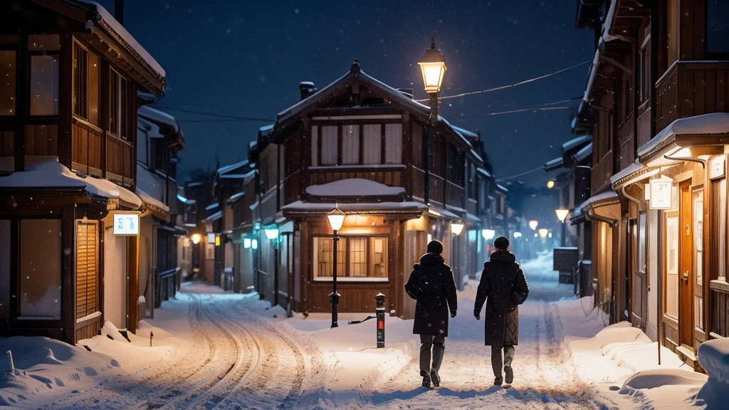 At night, after finishing work, on the way home in the snow, a young male office worker is walking through an old town with beautiful illuminations.