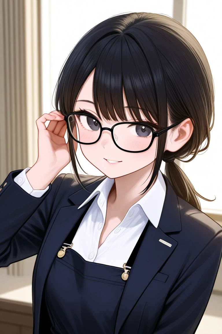 A young woman with glossy black hair styled in a loose, low ponytail. She has a gentle and approachable expression, wearing black-rimmed glasses. Her outfit consists of a sleek blazer and a neatly buttoned blouse, exuding a professional secretary look. The setting is a modern and elegant CEO's office, with large windows, minimalistic furniture, and soft natural lighting. The overall color palette is warm and sophisticated, highlighting her professionalism and approachable nature