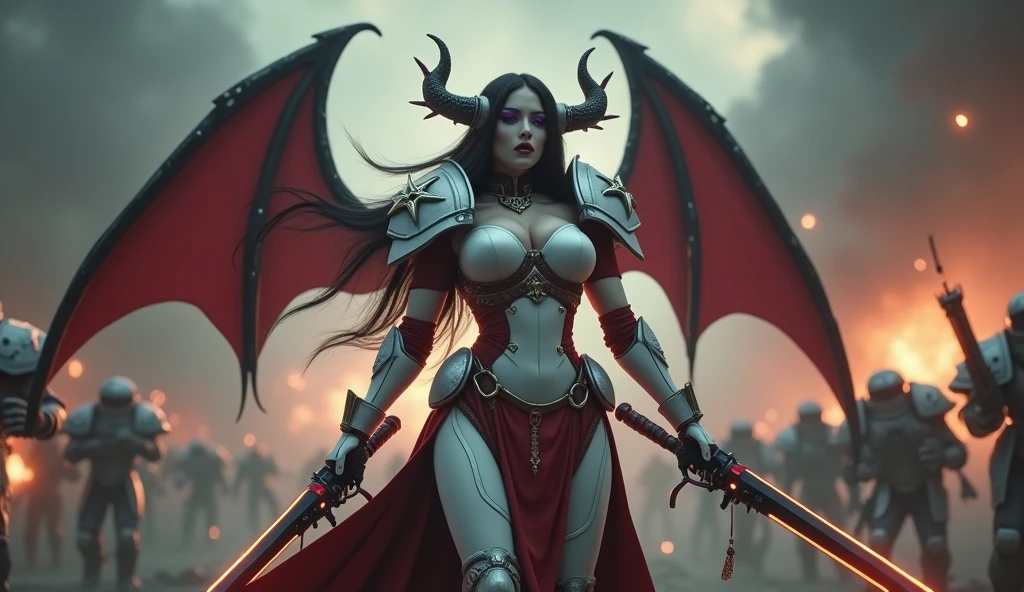 masterpiece, (most beautiful face), most beautiful body, uhd, ultra realistic, beautiful elf ears, ((black demon horns)), ((big black demon wings)), most beautiful mouth, black hair, purple hair, arafed female warrior with a sword and a sword in a wartorn medieval battlefield, fires, destroyed houses, world of warcraft, sylvanas, sucubus, female demon, sexy female demon warrior, black fire color reflected armor, death knight, deathknight, wearing cloak on blasted plain, wearing shiny breastplate, dark elf, north adult female warrior, north female warrior, wearing a dark armor, intimidating woman, picture of female paladin, (Numerous award-winning masterpieces, with incredible detail, textures and maximum detail), (hyper realistic:1.4), (Full length portrait:1.8), (realistic:1.3), (best quality real texture skin), (Aesthetic and decadent image: 1.7), ((five perfect and beautiful fingers)), (Pale but beautiful face:1.5), (finely detailed true circle eyes), (finely Detailed and beautiful face:1.5), (Full length portrait:1.8), ((Wandering Vampire Female Swordsman)), ((only have two arms)), ((Less skin exposure)), ((knight in black)),(Full length portrait:1.8), (Anatomically correct limbs and physique:1.4), ((medieval world)), ((dramatic photo)), ((dynamic photo)), ((cinematic light)), (looks up), (looking down), (dramatic pose), Wind Effects and Offensive Spells, (Fearless and formidable Female vampire warrior:1.6), (Drifting Haze: 1.3), ((night, twilight, sunset, dusk)), Battlefield, destroyed city, fires, rubble, detailed armor, epic realistic, ((neutral colors)), (hdr:1.5), (muted colors:1.2), hyper detailed, cinematic, warm lights, dramatic light, (intricate details:1.1), complex background,