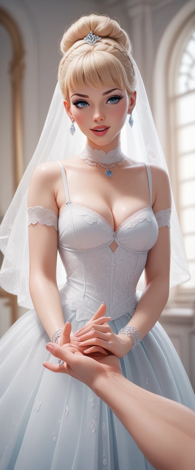 (masterpiece:1.3, top-quality, ultra high res, ultra detailed), (realistic, photorealistic:1.4), beautiful illustration, (natural side lighting, movie lighting), depth of fields,
looking at viewer, bust photo, 1 girl, 28 years old, perfect face, (perfect anatomy), cute and symmetrical face, baby face, shiny skin, slender
(long hair:1.8, straight hair:1.2, silver hair), hair over one eye, purple eyes, pink lips, long eye lasher, (large breasts:1.3),
beautiful hair, beautiful face, beautiful detailed eyes, beautiful clavicle, beautiful body, beautiful chest, beautiful thigh, beautiful legs, beautiful fingers, big breasts,
detailed cloth texture, wedding princess dress, head flower, headdress, (bandeau wedding dress:1.5), (silk dress:1.2), (strapless wedding dress:1.5),
plain white dress, necklace, earring, cleavage, bouquet, (lace gloves:1.2), (bridal veil:1.2), (short transparent veil:1.2),
(beautiful scenery), evening, crystal clear sunlight, (church, stained glass) walking,
