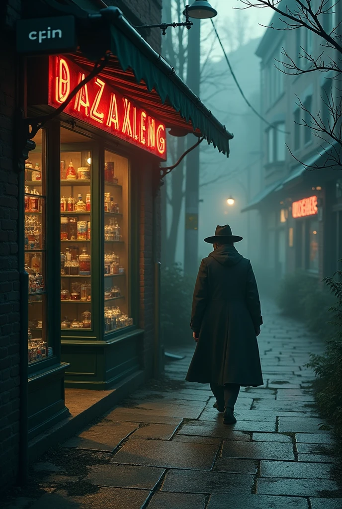des fleurs de cbd 3D dans une ruelle sombre, en arrières plan a droite un homme chapeaux noir lunette de soleil noir smoking vert, en arrières plan gauche un lampadaires qui éclair un CBDshop