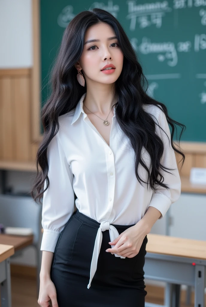 A young teacher woman with huge breasts stands confidently in the classroom, her elegantly bob cut styled hair a focal point amidst the soft glow of dramatic lighting. The camera captures her full figure, from the gleaming white blouse to the fitted pencil miniskirt, as she faces directly at the viewer with an air of authority. Flowy long hair cascades down her back like a dark waterfall, while the background remains softly focused, allowing her stunning features and intricate details to take center stage.