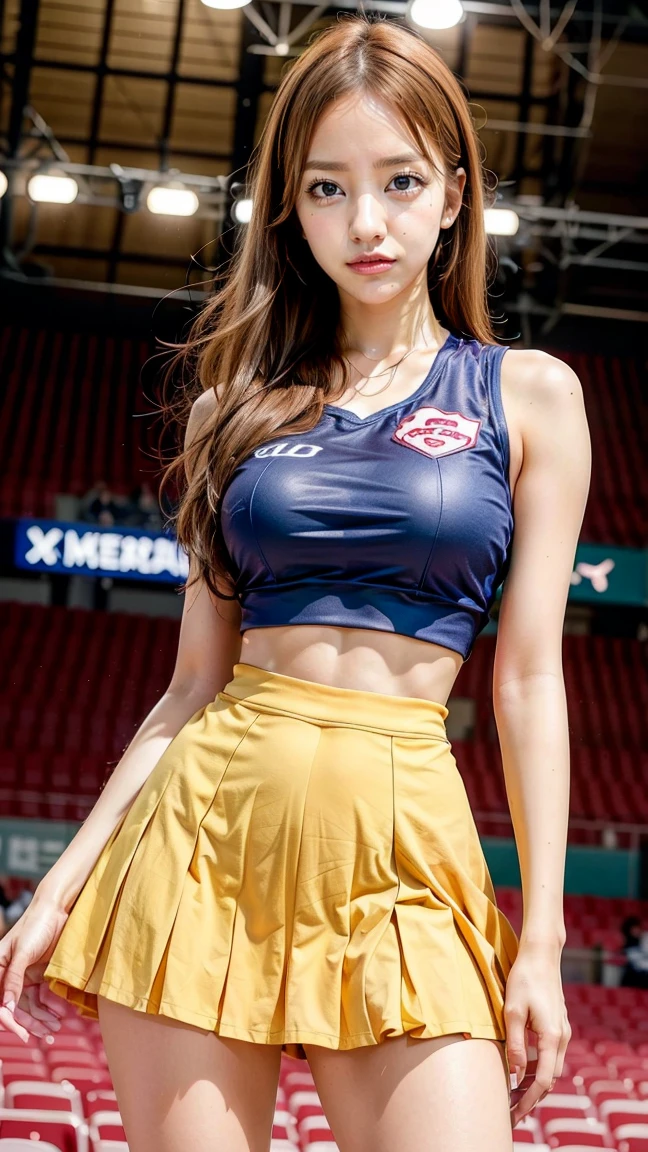 ((最high quality, 8K, masterpiece: 1.3, Ultra HD, high quality, 最high quality, High resolution, realism)) 、A very beautiful 22 year old Japanese woman、Idium Hair、Straight hair、smile、Slim but well-proportioned body、Athlete-like figure、I want to keep my head out of the screen.、Wear accessories on your wrist、Put an anklet on your ankle、Wearing red nail polish、Having a pedicure、Being a cheerleader, They dance the cheer dance、mini skirt