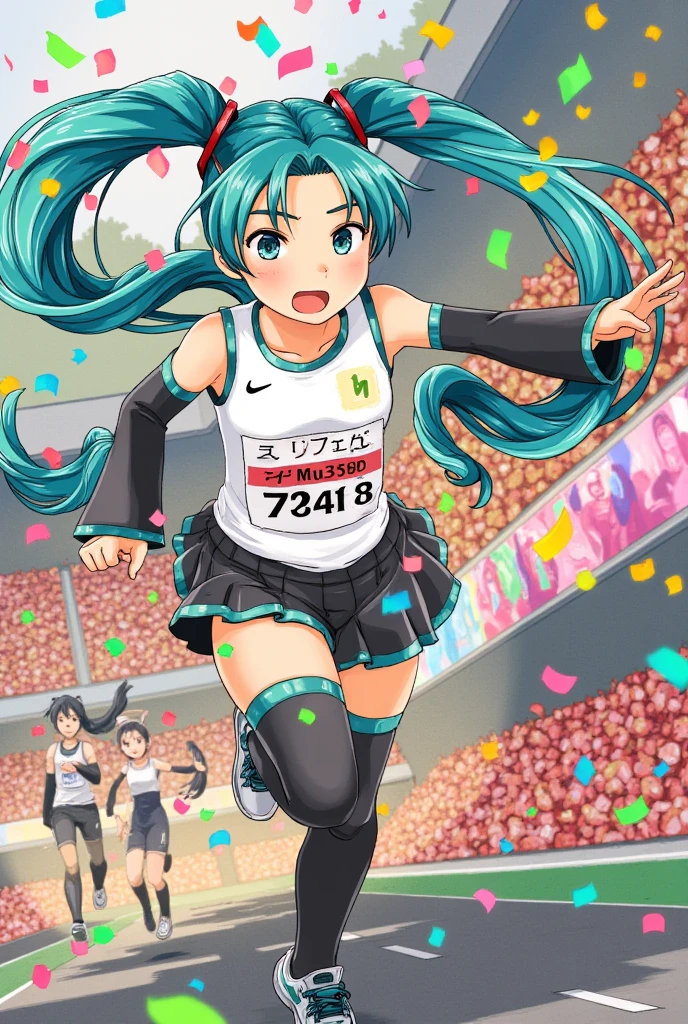 (masterpiece、 top quality 、 top quality 、 Official Art、 beautiful beautiful:1.2)、(1 person:1.3) Hatsune Miku 、 twin tails, Beautiful breasts , Hiroshige Utagawa, Wonderful Moments ， beautiful girls，Sports suits， marathon sprint ，victory，，Line break ， colorful confetti dancing through the air