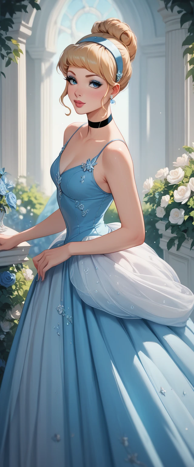 hair bun, hairband, makeup, bare shoulders, blue dress, long skirt, princess, choker, 