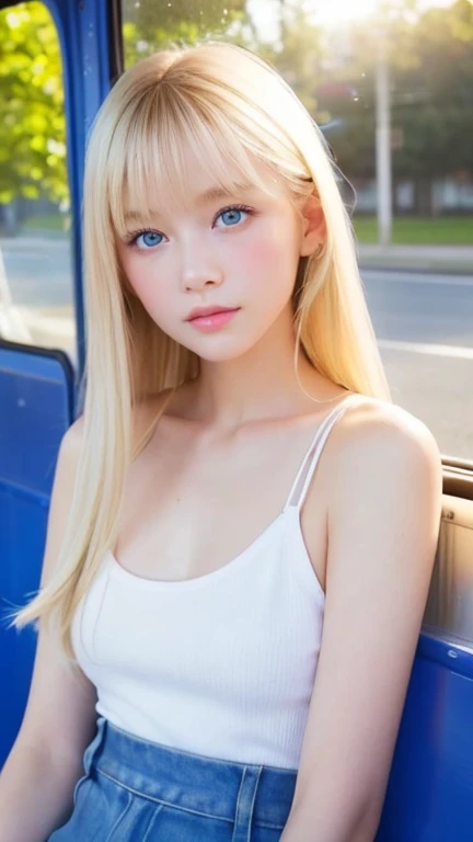 Sunburn marks on tanned skin、blush、Bright blonde hair,A cute 16-year-old girl with a cute look, A strong wind blows my hair in front of my face、Beautiful big sparkling eyes, Cute eyes hidden by long bangs、Yawn、No visible nasolabial folds、A short, light-colored ummer shirts with cute designs and colorful designs、Korean Beauty