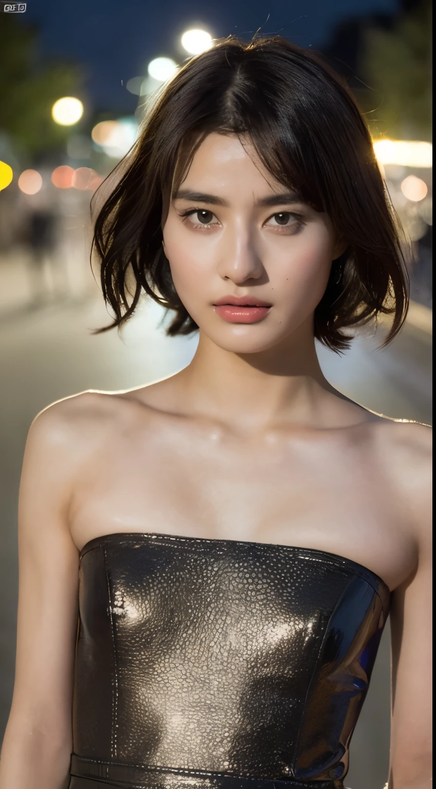 (( realistic lighting ,  top quality , 8k, masterpiece: 1.3)),  clear focus: 1.2,  One Girl ,  perfect body beauty : 1.4,  slim abs: 1.1, (( dark brown hair )), ( bandeau dress: 1.4), ( outdoors on the street at night,   knight : 1.1), street,  very beautiful face ,  beautiful eyes,  double eyelids in judo uniforms,  black stockings to hold hands