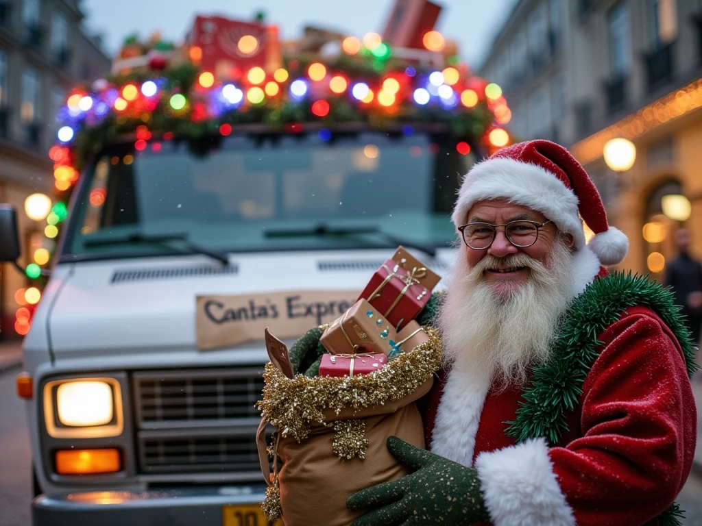 A first-person perspective of standing in front of a hilariously decorated white van for Christmas, its colorful blinking fairy lights and oversized tinsel almost blinding. From this angle, you see Santa Claus, an old-fashioned version with a wrinkled face and slightly crooked glasses, grinning mischievously as he holds an overflowing sack of oddly shaped gifts. The van’s hood is so close you can spot the taped “Santa’s Express” sign on the windshield. The background blurs into glowing bokeh lights, with snowflakes gently landing on the scene, creating a festive yet bizarrely comedic vibe.