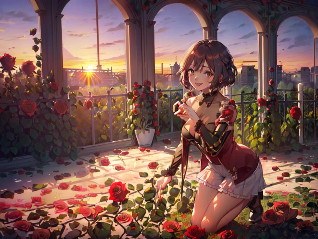 (Solo:2), (Young Woman:2), (Big Head, Very Large Breasts), (Smiling, Showing Gums, Looking at Camera), (Kneeling:2), (Red Rose Garden in Castle:2), (Sunset:2), (Focus on Breasts), (Short Fingers:2, Short Arms:2), (3D Artwork, Carefully Drawn, Great Artwork, Best Quality, High Resolution, 8K, Detailed, Delicate)